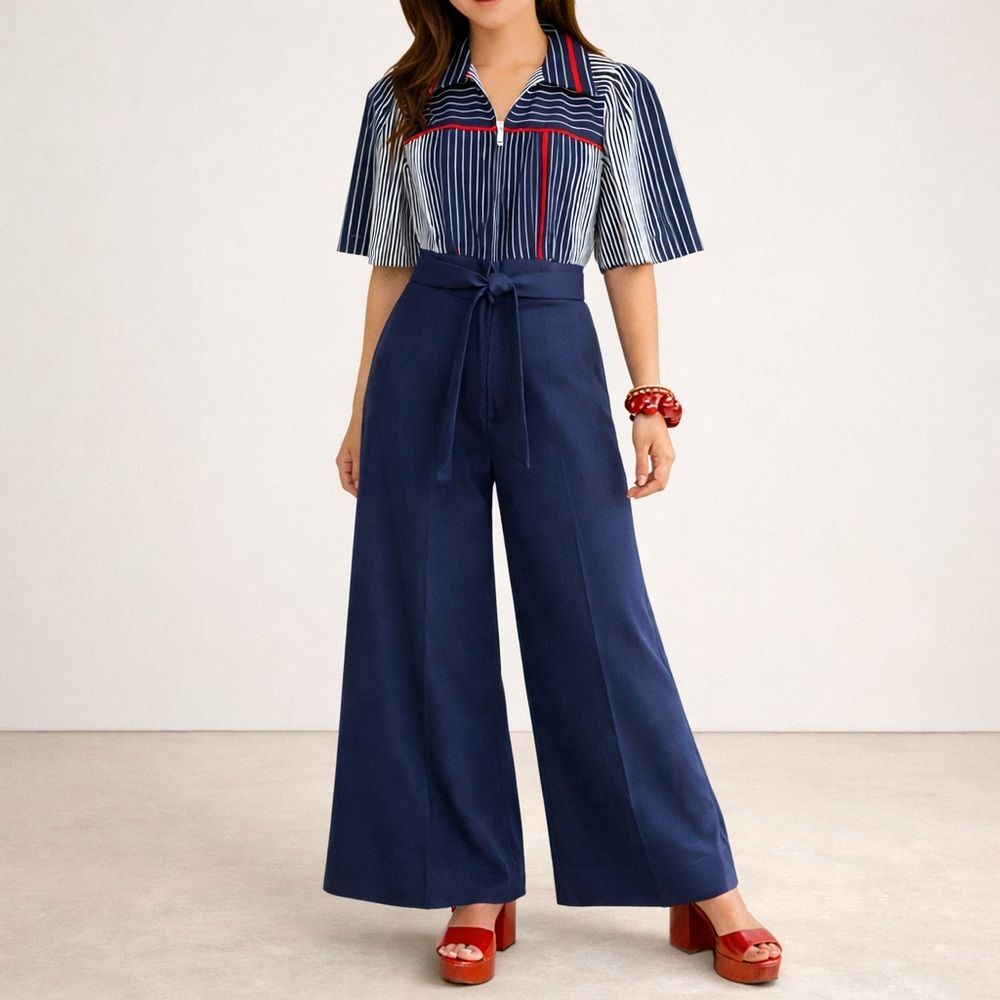 Vintage PBJ by Jerell Wide Leg Jumpsuit Navy Stripe Zip Front Belted 70s Size 9